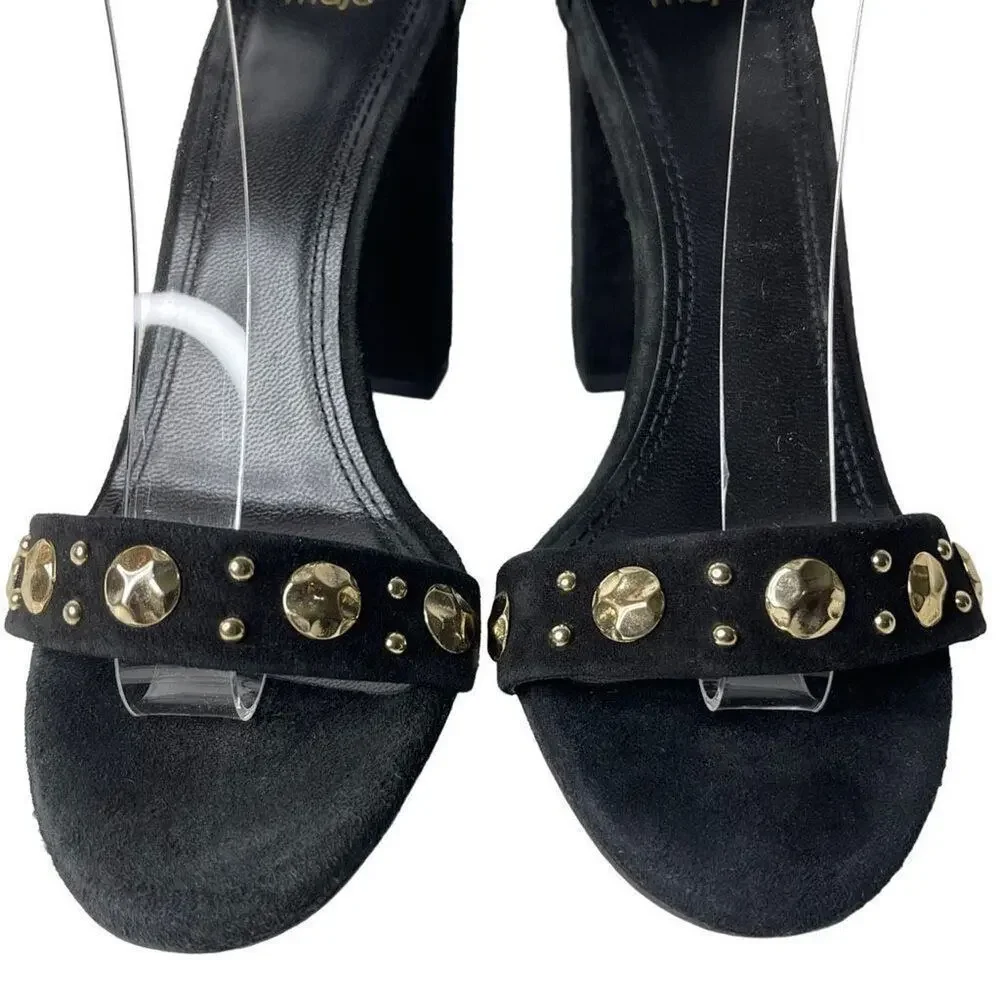 Maje Womens Studded Suede Black Gold Block Heels Sandals Size EU 39 US 8.5-‎ 9